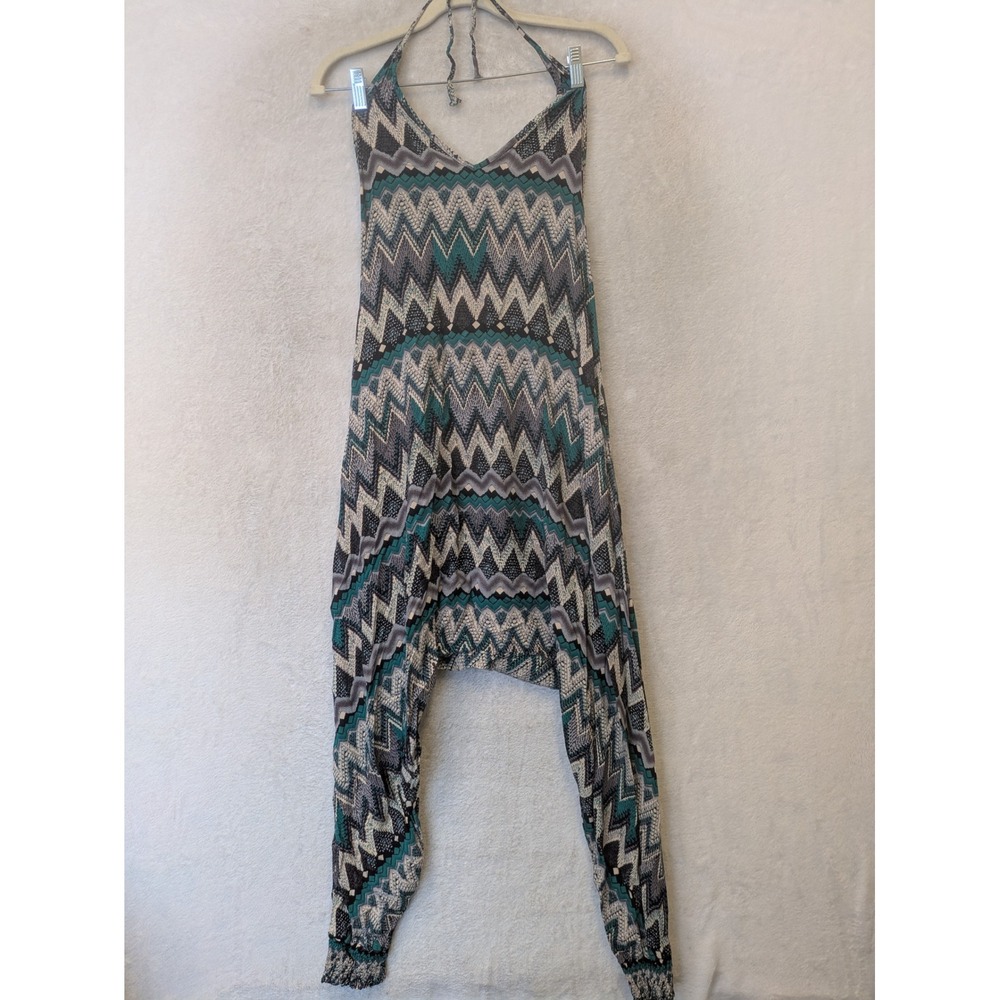 Buddha Pants Harem Jumpsuit Women's XS-L Teal Grey Geometric‎ Zigzag